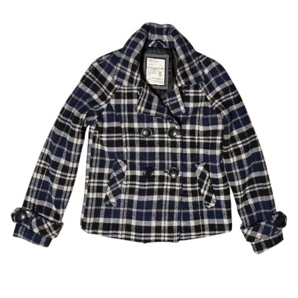 Aeropostale Wool Blue White Black Plaid Double Breasted Peacoat Ladies Medium